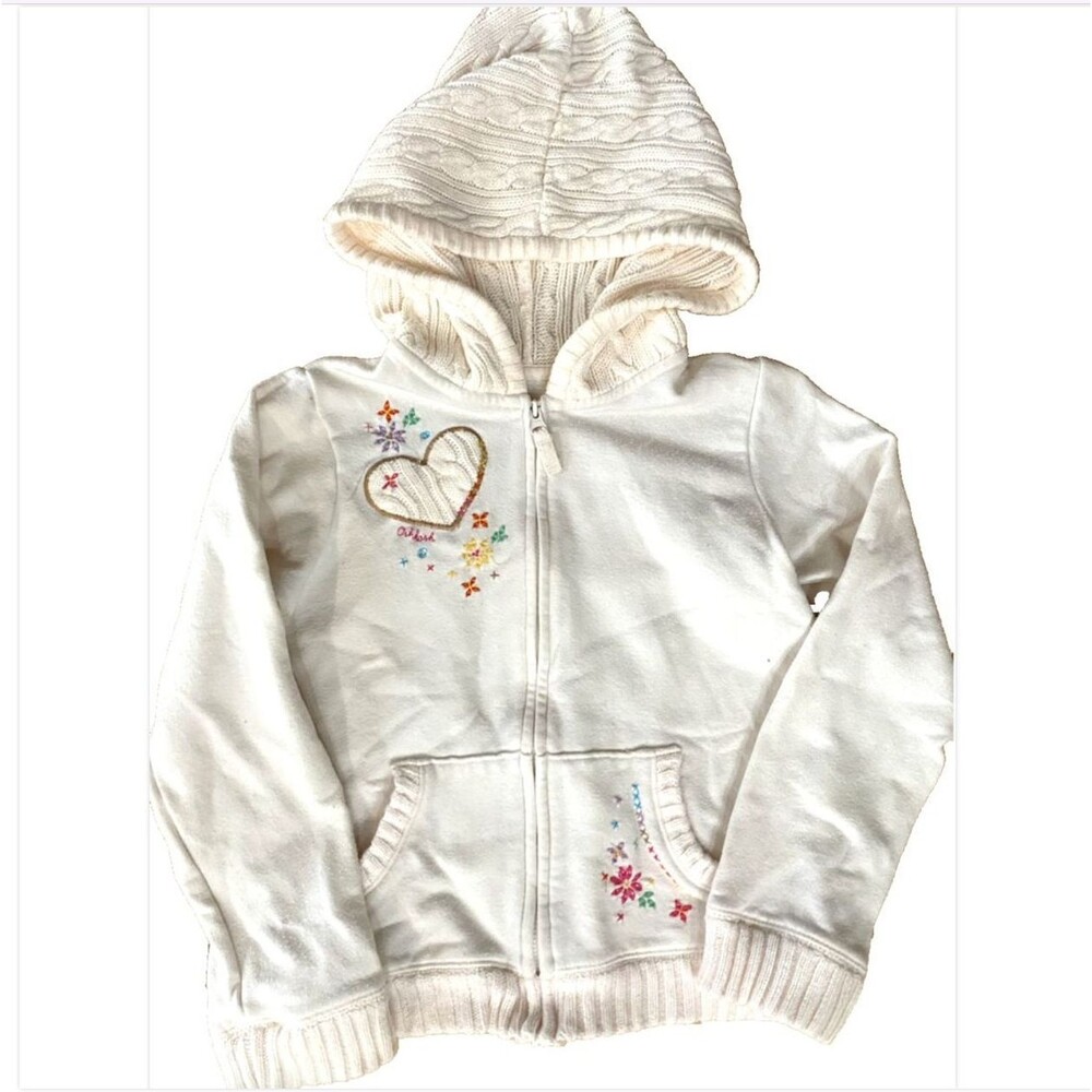 OshKosh B'gosh Girls 6X Full Zip Hooded Cotton White Sweater Jacket Floral Ivory - Picture 10 of 11